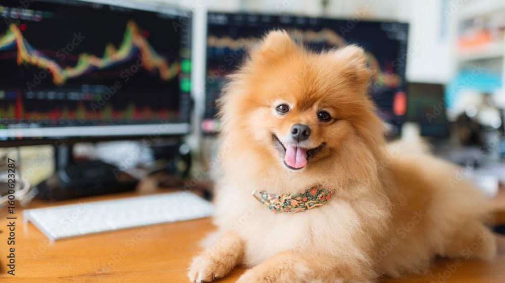 Poster a pomeranian dog happily resting on a desk, with two monitors displaying trading graphs in the backg