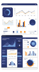 Digital Marketing Dashboard Interface with Charts and Data Visualizations in Blue and Orange
