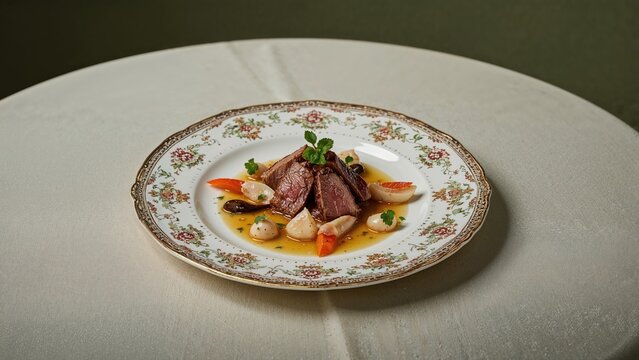 Elegant dish featuring meat prepared by a chef in a luxury setting