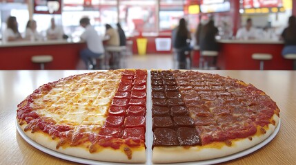 A pizza with multiple toppings is sitting on the table