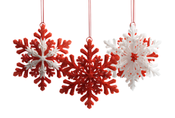 3D red and white snowflake ornaments on a transparent background