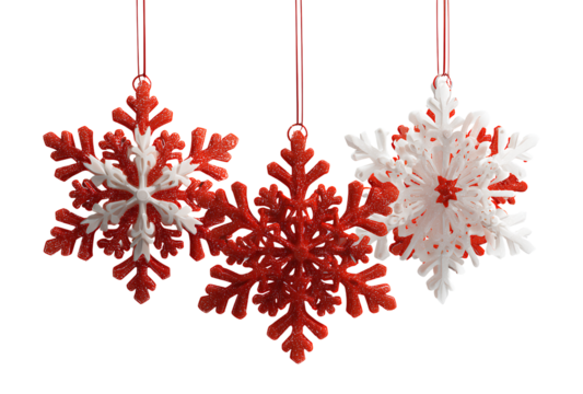 3D red and white snowflake ornaments on a transparent background - Powered by Adobe