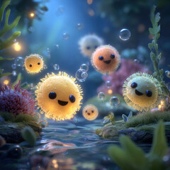 Cheerful helpful microbes with smiling faces float in clear water among aquatic plants, glowing softly in magical underwater scene