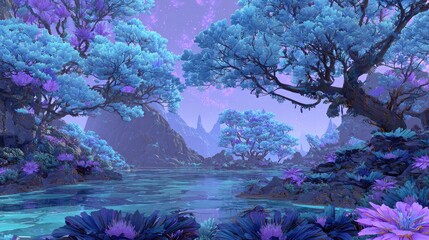 Pixelized Fantasy Landscape Glowing Trees