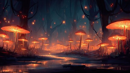 Glowing Mushrooms In A Dark Pixel Art Forest