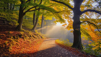 Autumn Forest Path with Colorful Foliage and Bright Sunlight