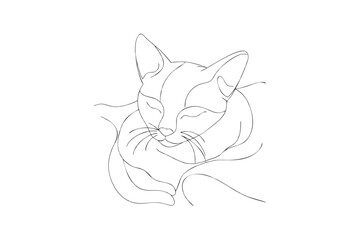 Elegant Minimalist Line Art Depicting a Sleeping Cat Curled Up on a White Background, Art & illustration