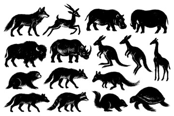 Wild Animal Brush Illustration Set – Monkey, Elephant, Bear, Kangaroo, and Wildlife Mammals in Ink Drawing Style