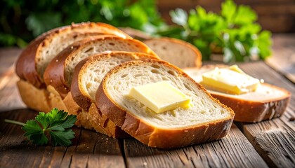 Sliced bread with butter on rustic wood
