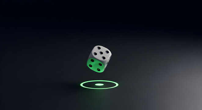 Illuminated Dice Hovering Above Neon Target, Illustrating Chance and Opportunity in Tech
