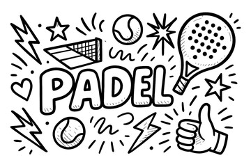 Padel tennis icons with racket, balls, and dynamic doodles in hand-drawn style, Transparent Background