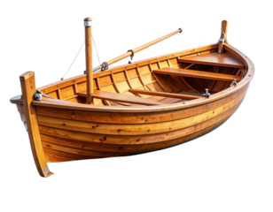  Traditional Wooden Fishing Boat with Oars Floating on Water Isolated on Transparent Background PNG
