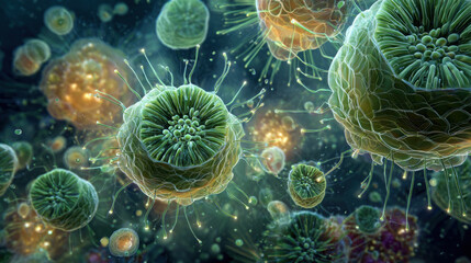 Microscopic view of helpful microbes in water, including diatoms, glowing and floating, showing detailed cell structure and vibrant colors