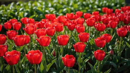Obraz premium A broad meadow filled with crimson tulips