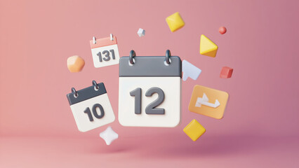 Floating White Calendar Showing Number 12 on Light Pink Background