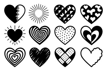 Black and White Artistic Heart Icon Collection - Decorative Sketch and Patterned Love Symbols - Hand Drawn Textured Heart Shapes - Doodle Style PNG with Transparent Background