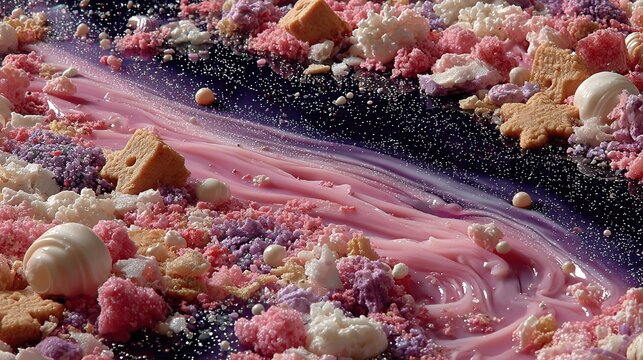 Surreal food art: gingerbread cookies floating in milk tea nebula with edible glitter constellations, candy comet trails, dark background spotlight, ideal for digital art backgrounds, ad banners - Powered by Adobe