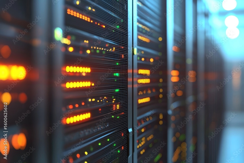 Poster server rack in a secure data center glowing with intense orange and green led lights, perfect for vi