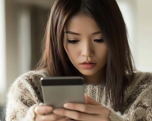 A young woman intently reads something on her smart phone device