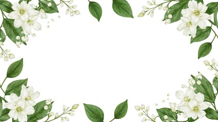 Fototapeta premium Top-down view of a floral frame adorned with lilies of the valley