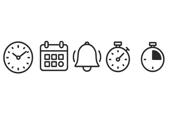 Various time-related icons depicting clock, calendar, alarm, stopwatch, and timer for scheduling and reminders in a digital format