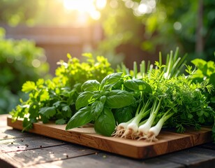 Freshly harvested garden herbs, including basil, cilantro, parsley, and green onions, arranged on a wooden cutting board in warm sunlight.