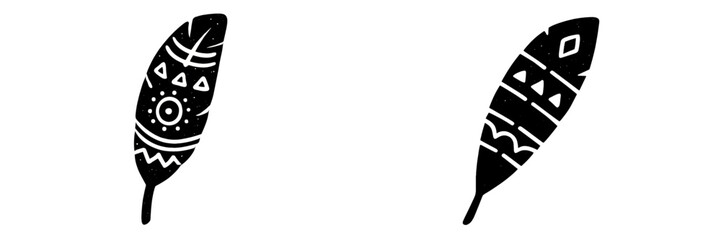 Creative black and white feather illustrations with intricate patterns and designs on a plain background