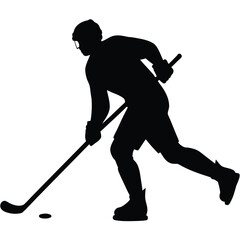 Black Silhouette of Hockey Player Skating with Stick and Puck on White