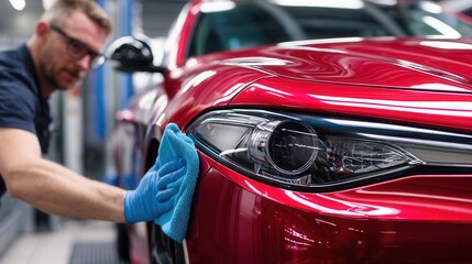 A mechanic carefully cleaning a shiny red car with a microfiber cloth, ensuring every detail gleams
