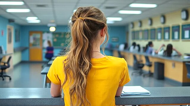 Young Woman Standing in Classroom with her Back to the Camera Focus on Learning