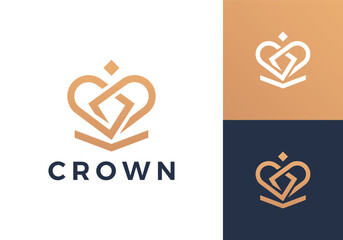 simple crown love heart logo design concept