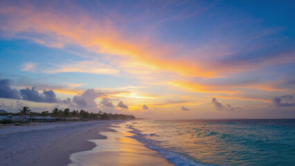 Colorful Sunset Over Sandy Beach with Turquoise Ocean Water