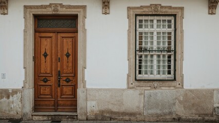 Urban street scene highlighting an embellished door and window