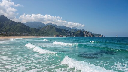 Coastal landscape featuring clear turquoise waves lapping against sandy beach with green mountains and blue sky in the background