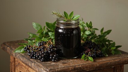 A jar of delicious elderberry syrup paired with bunches of elderberries and green leaves displayed on a wooden workspace.