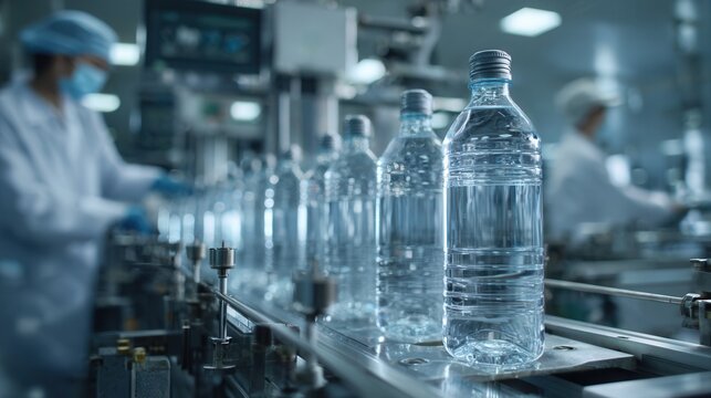 Bottled water production line, emphasizing industrial processes and clean environment
