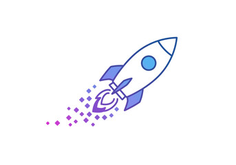 Gradient-Style Rocket Ship in Flight, Digital Pixelated Trail
