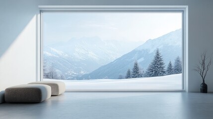 minimalist interior with large window showcasing snowy mountain landscape. serene winter view with distant peaks and snow-covered trees. travel, relaxation, and seasonal interior design
