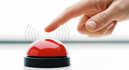 Finger pressing red help alert button for urgent assistance or emergency situation.