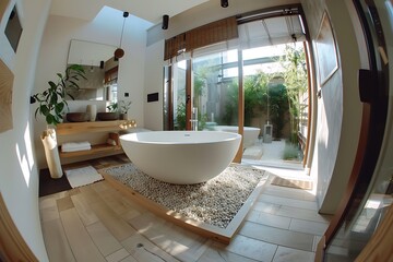 Modern bathroom interior with freestanding tub, nature view and stone decor for relaxation