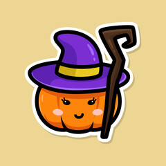 Cute witch pumpkin sticker design with purple hat and magic wand on yellow background perfect for Halloween decorations