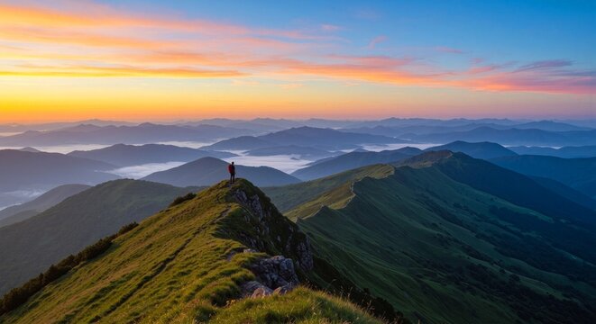 Adventure Hiking at Sunrise, Scenic Mountain Vista, Tranquil Wilderness Landscape