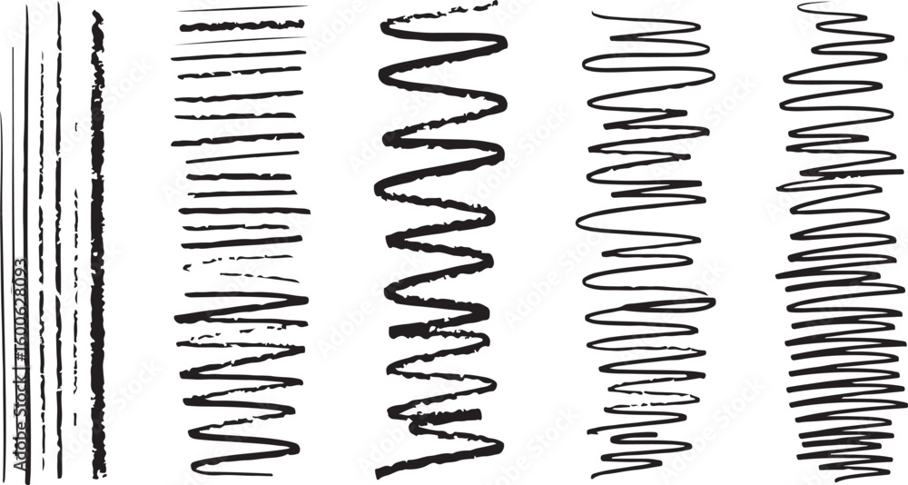 Poster five different types of springs and lines isolated on transparent background