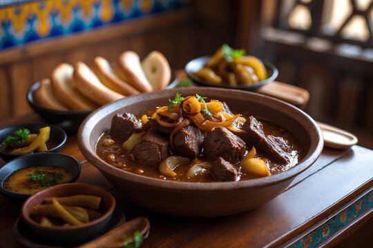 Lahma Bel Basal - Egyptian Food: Savor the Richness of Lahma Bel Basal, a Classic Egyptian Stew Featuring Slow-Cooked Meat with Sweet, Caramelized Onions and a Hearty Spiced Sauce.