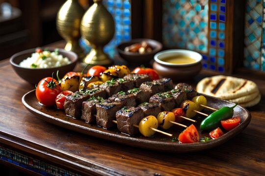 Lahma Meshwiya - Egyptian Food: Indulge in the Smoky Flavors of Lahma Meshwiya, a Traditional Egyptian Grilled Meat Dish Infused with Spices and Served with Fresh Vegetables.