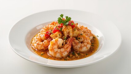 Tasty shrimp soaked in flavorful sauce on a white dish