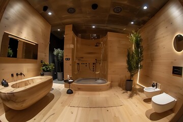 Modern wooden bathroom interior with bathtub, shower, and natural light, creating a spa-like retreat