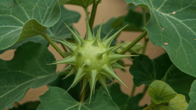 Green spiky fruit of Datura innoxia surrounded by large green leaves displaying the distinctive features of the plant species.