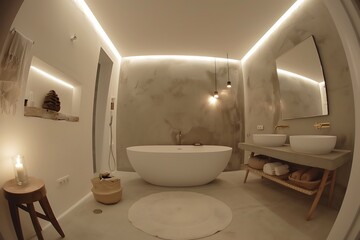 Modern bathroom interior design featuring a freestanding bathtub and double sink vanity, illuminated by LED lighting