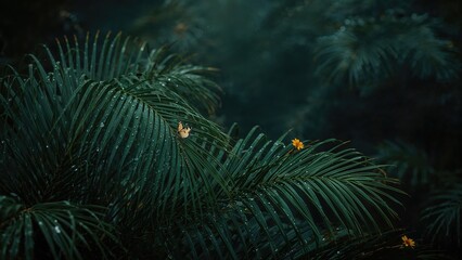 Wet palm leaves glistening after rain with droplets against a blurred dark background showcasing nature's beauty and tranquility